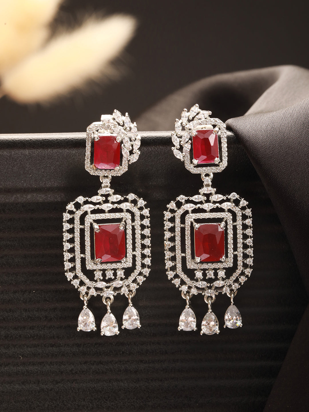 Silver Toned  Red Ruby Studded Elegant Cocktail Drop Earrings